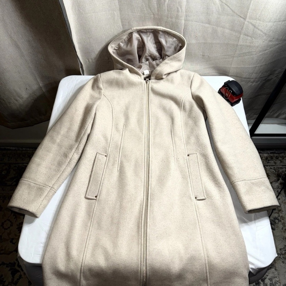 Vince Camuto Women’s Medium Hooded Wool Blend Coat Beige Long Zip Jacket